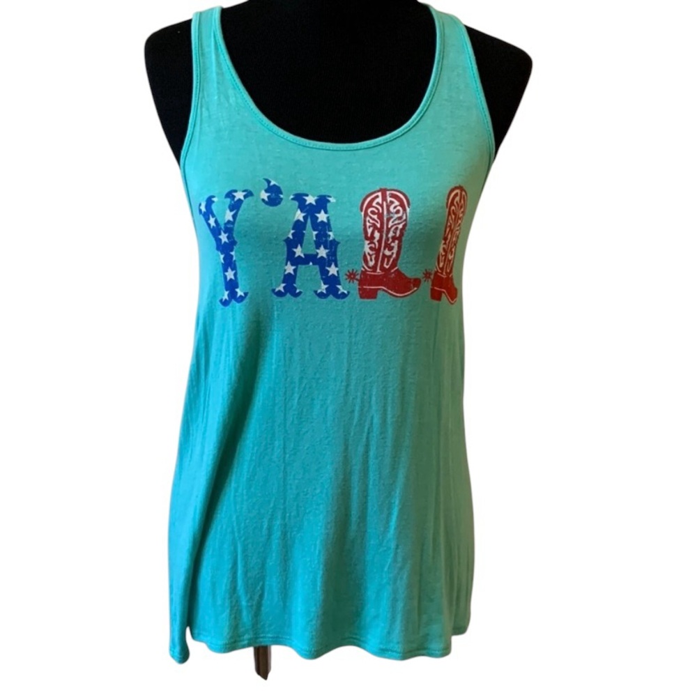 Brenda’s USA Cowboy Americana “Y’all” Racerback Turquoise Tank Women’s Small